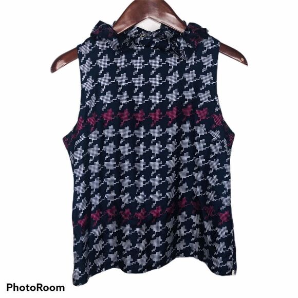 Elizabeth McKay Silk Geometric Sleeveless Blouse 8 High Neck Ruffle Modern Print